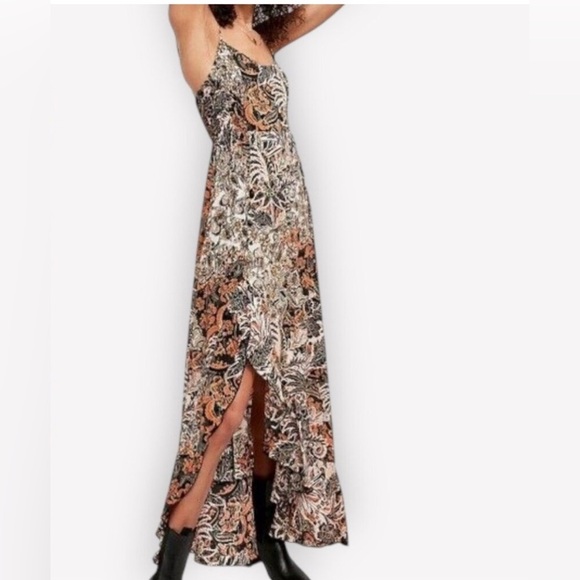 Free People Floral Paisley Ruffle Orange & Black Forever Yours Maxi Dress  Sz S - Picture 1 of 12